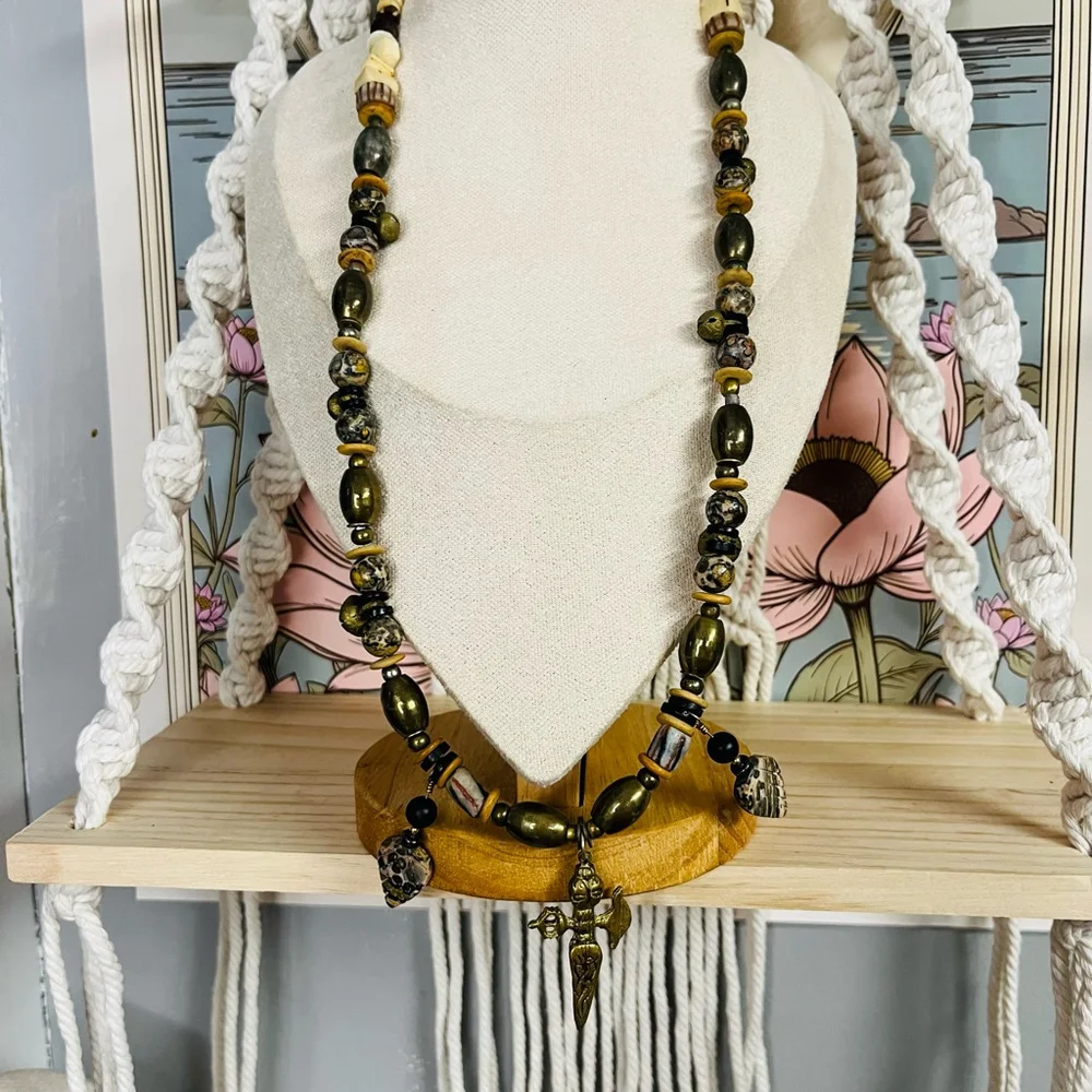 Boho Ethnic‎ Necklace Brown and Gold Toned Bone Beads Ceremonial India